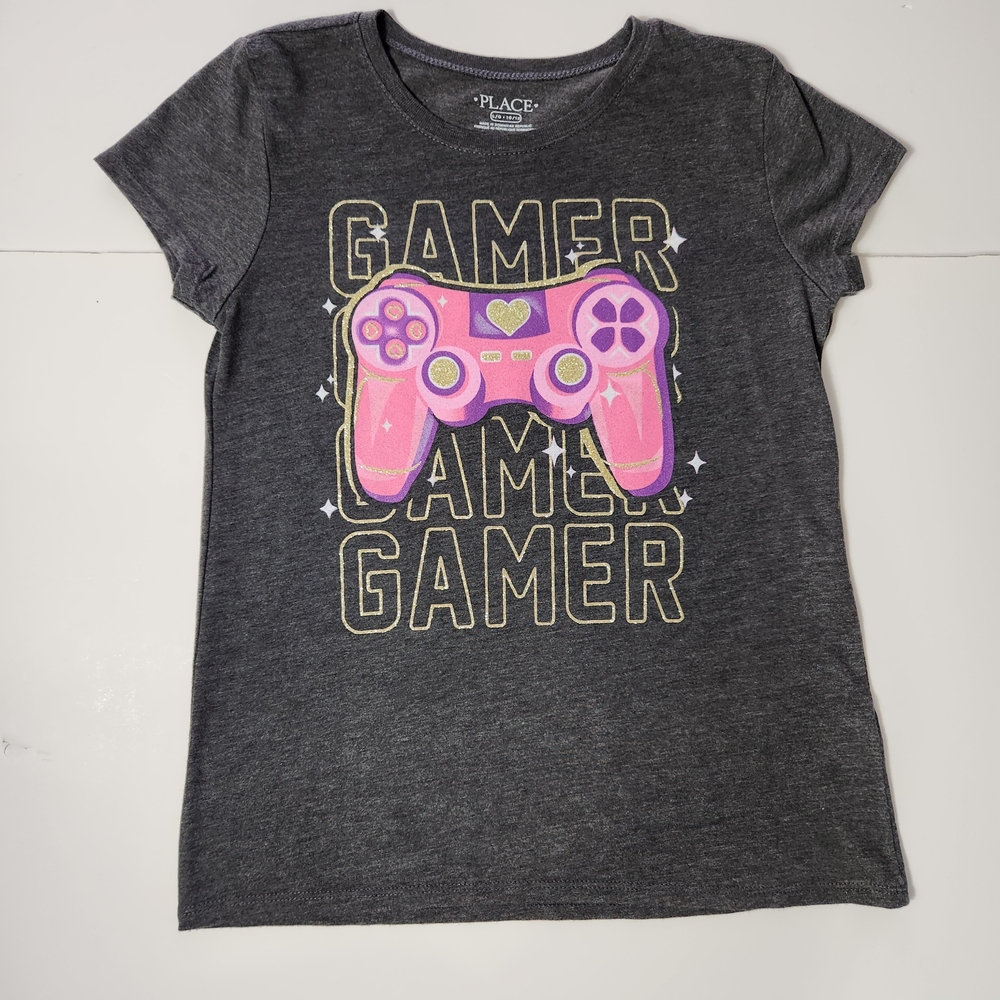 🩷The Children's Place Girl's Gray Gamer Tee with Pink Controller Size: 10/12 L